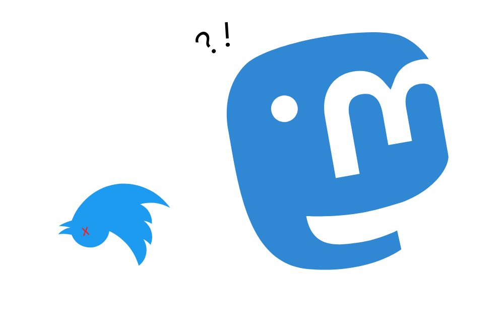 The Twitter logo is upside down with a red x as an eye. The Mastodon logo is looking down at the bird with a question mark and exclamation mark over its head.